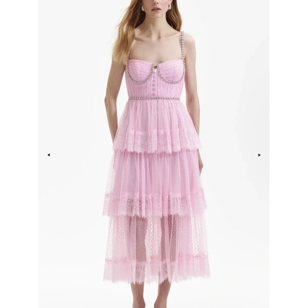 Self-Portrait NWT Pink Dot Mesh Midi Tiered Crystal Dress Size 2